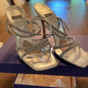 Stuart Weitzman Glitz and Glamour -Silver and rhinestone strap high heal sandals